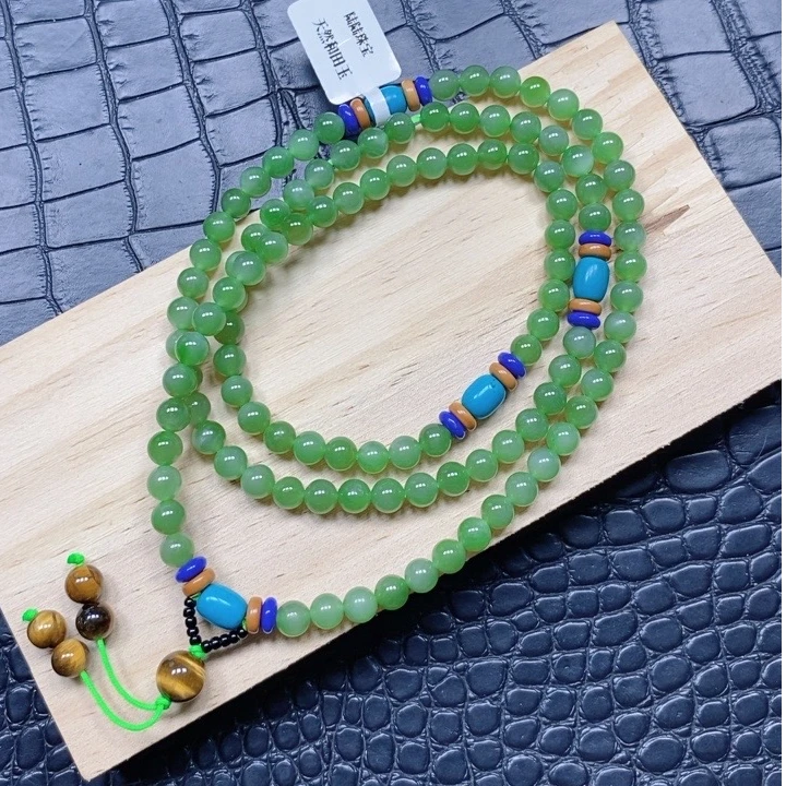 天然和田玉碧玉俄料粉绿猫眼长链108颗毛衣链多圈手串