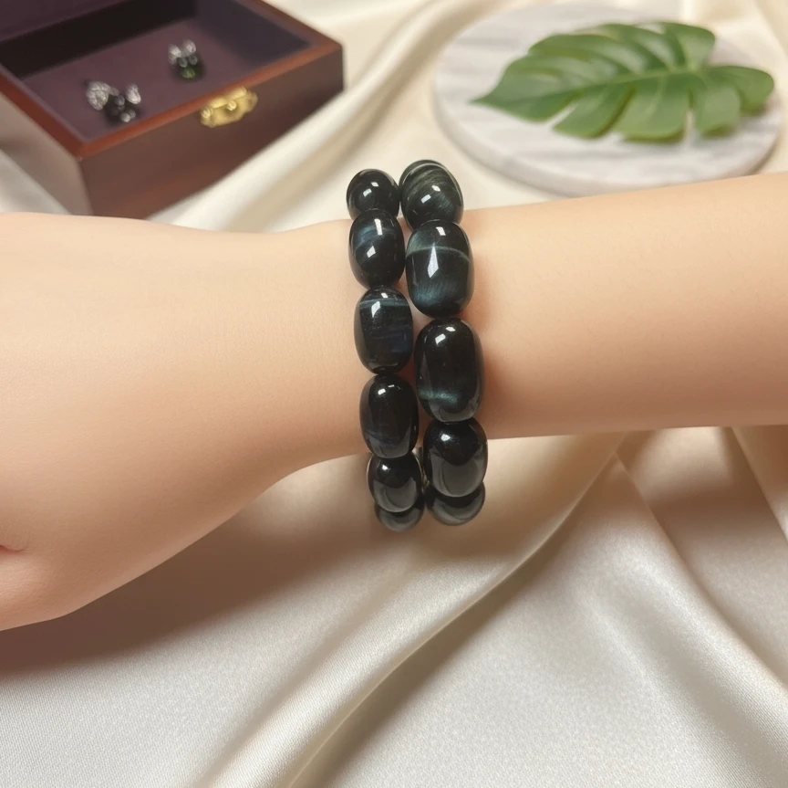 天然正品蓝虎眼石桶珠手串时尚霸气男款闪电蓝虎眼木变石鼓珠手链