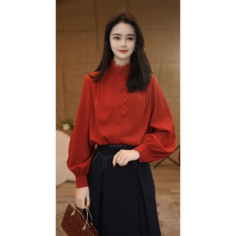 【小北甄选】欧若风8591325酒红色衬衫女士欧高级时尚长袖设计感