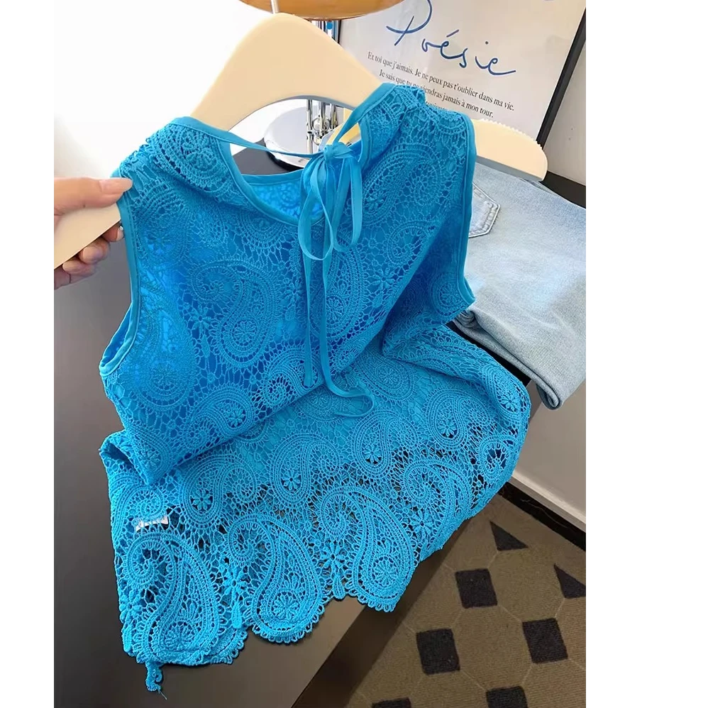 蓝色宽松镂空蕾丝吊带背心女夏季外穿薄款小众洋气辣妹无袖上衣