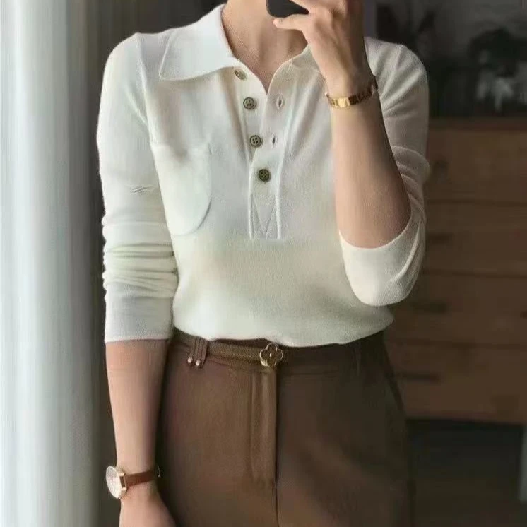 新款女装秋冬翻领针织衫长袖POLO领打底衫毛衣