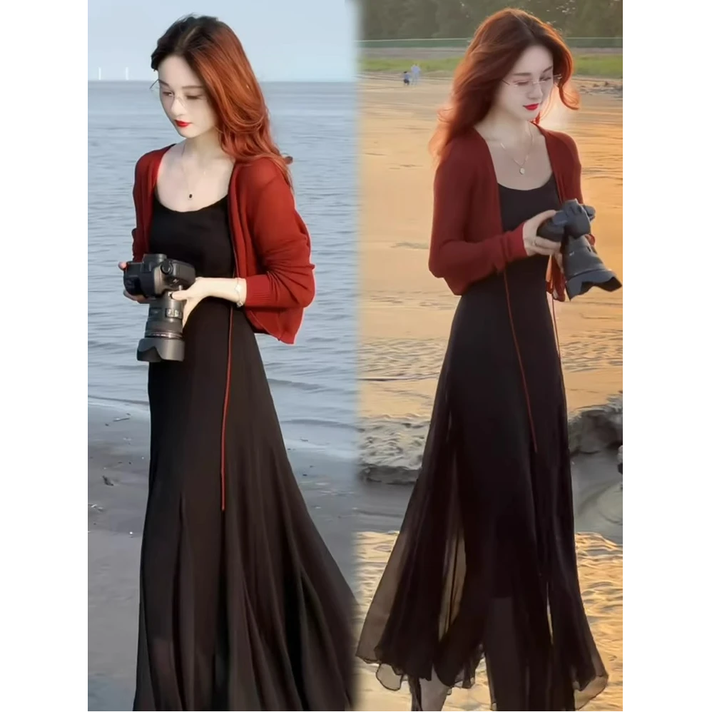 连衣裙女2025夏季新款时髦洋气薄款冰丝针织外披吊带裙气质两件套