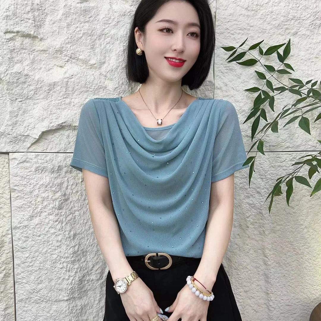 631夏季时尚百搭堆堆领烫钻修身洋气显瘦短袖女气质士小衫