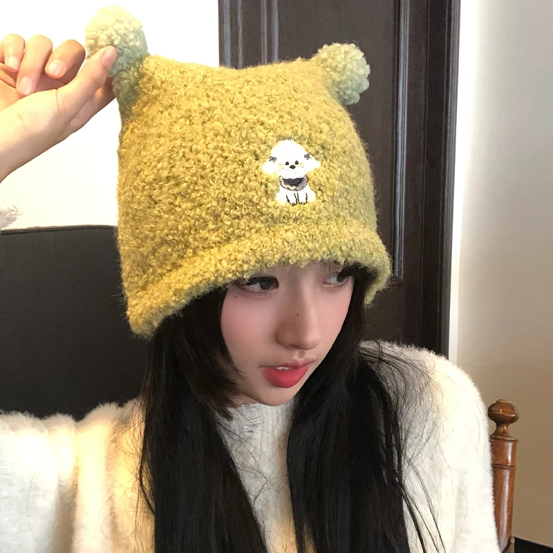 日系可爱小狗刺绣卡通毛绒针织渔夫帽女秋冬保暖显脸小护耳毛线帽