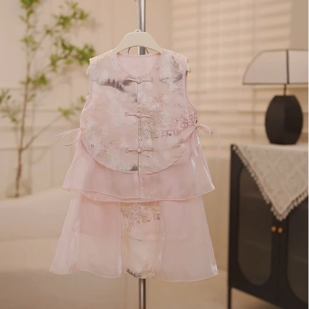 2025夏季新款女童[粉樱华裳]中国风重工绣花粉色上衣+裙子套装