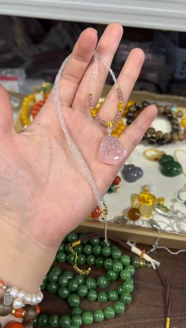 颈饰未镶嵌水晶粉水晶小佛公切面珠项链[46]