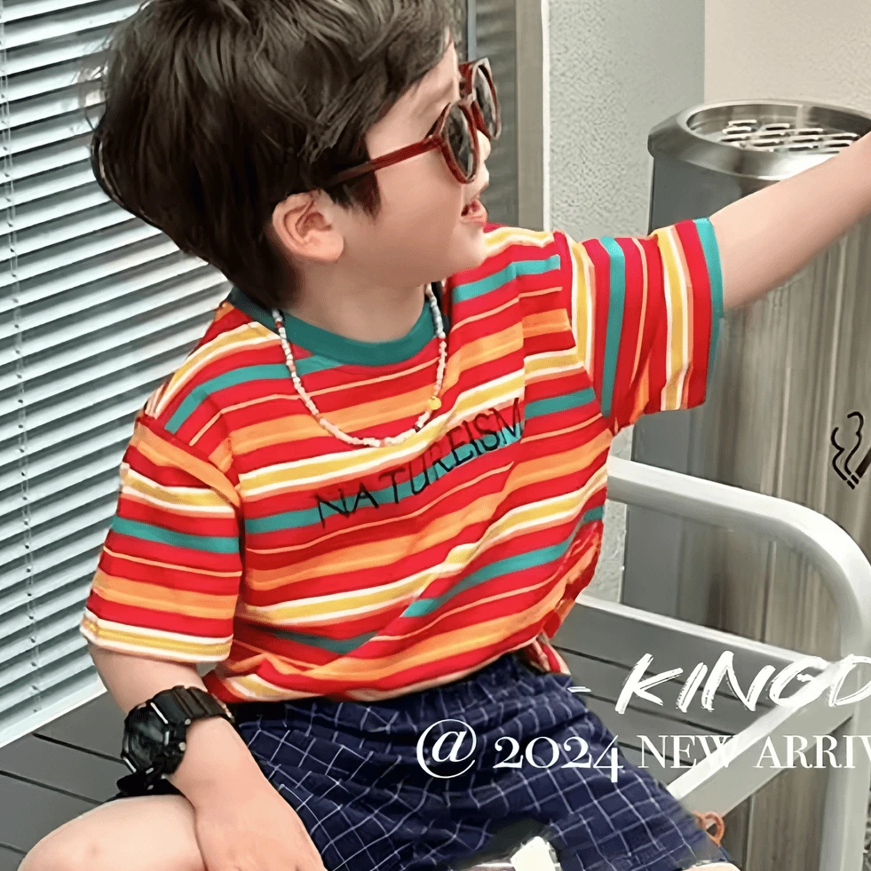 儿童T恤夏季短袖洋气帅气条纹半袖中小童夏款男童上衣体恤童装