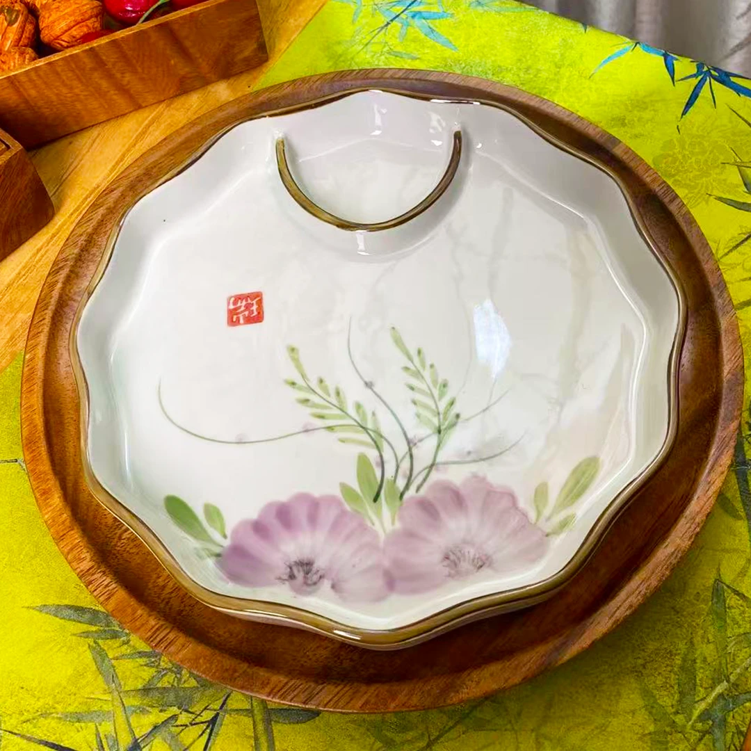 瑞涧紫藤分隔盘盘子创意陶瓷手绘饺子盘平盘菜盘