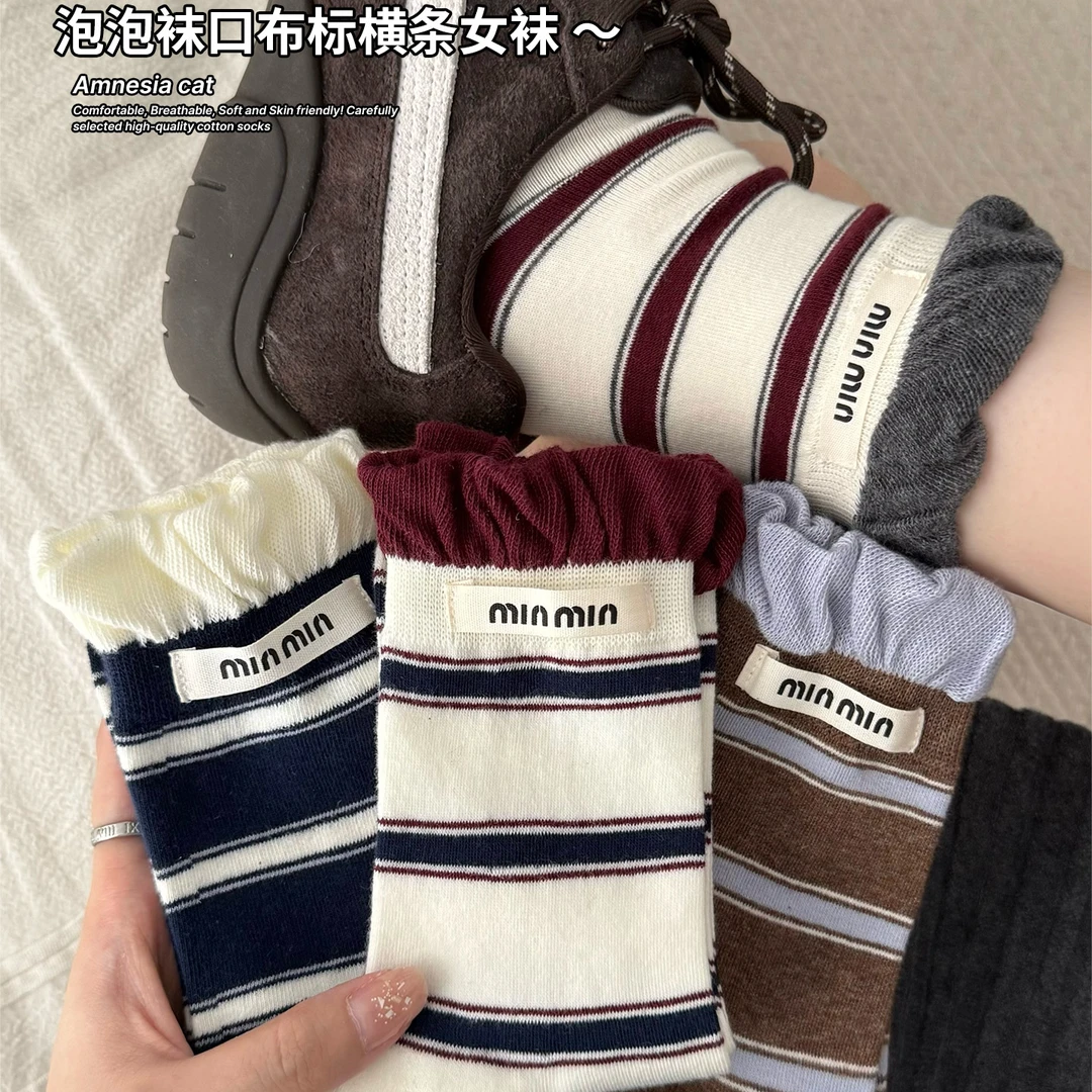 韩系泡泡口布标条纹秋冬中筒袜子无骨日系百搭ins复古秋堆堆女袜