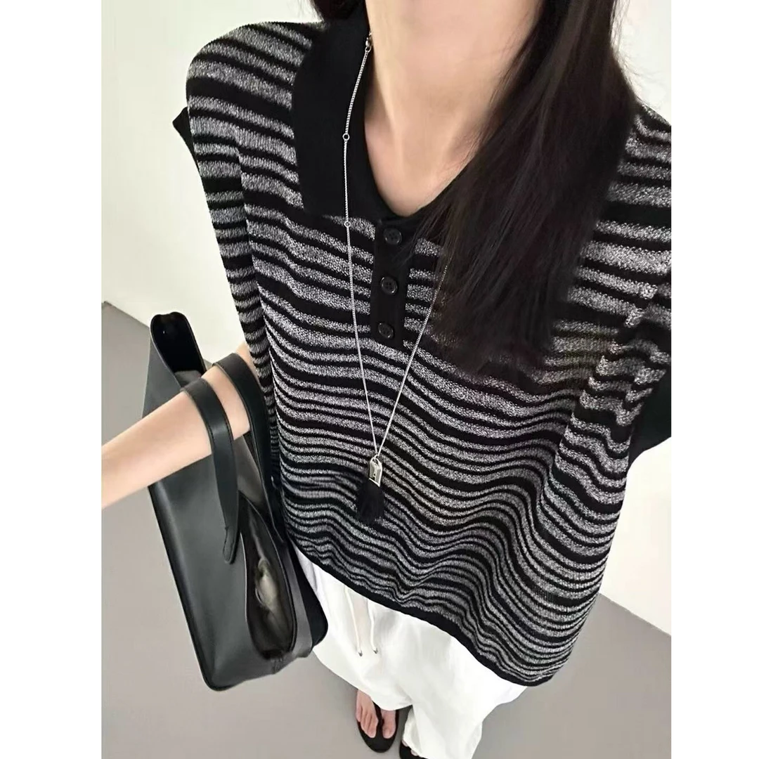 LB夏季显瘦黑白条纹短袖时尚宽松气质天丝亚麻上衣