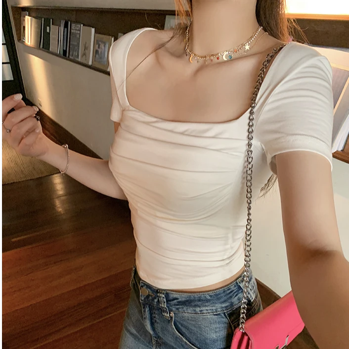 【运补】带胸垫吊带背心女夏季纯欲褶皱设计修身显瘦短上衣打底衫