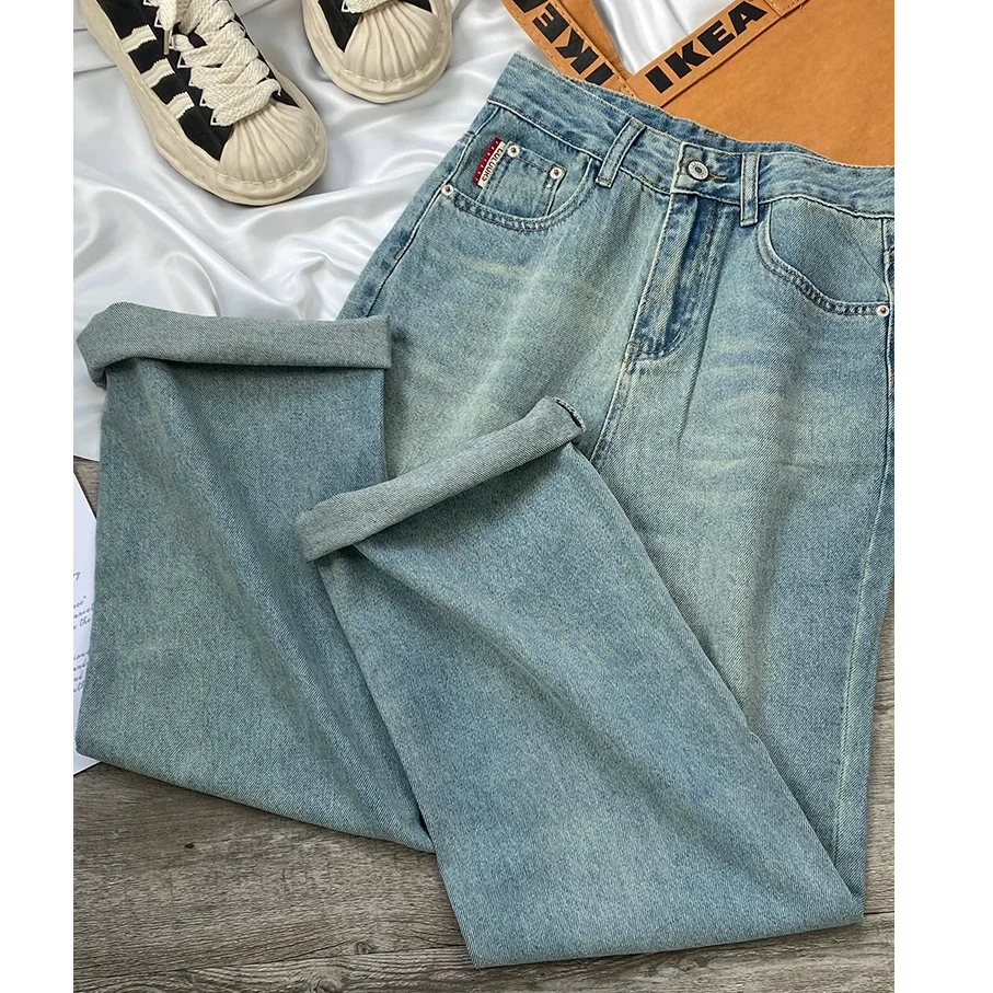 5834浅蓝牛仔阔腿裤女春秋季2025年新款设计感高腰显瘦刺绣直筒裤