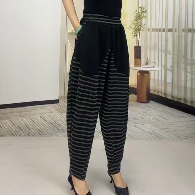 666新款时尚洋气显瘦休闲裤百搭条纹宽松九分拼接哈伦裤