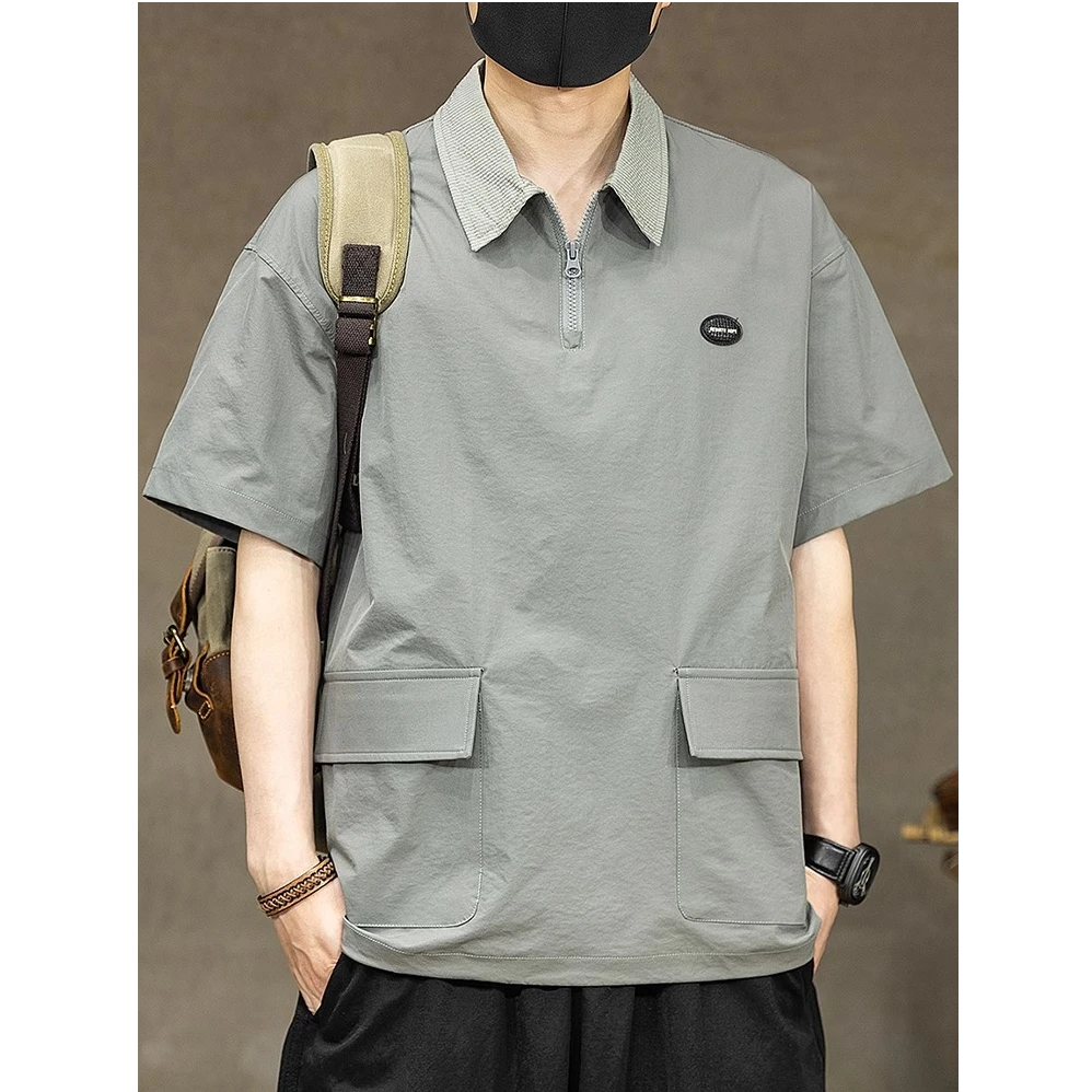 富比莫维新款撞色口袋短袖polo衫男速干宽松大码工装翻领半袖体恤