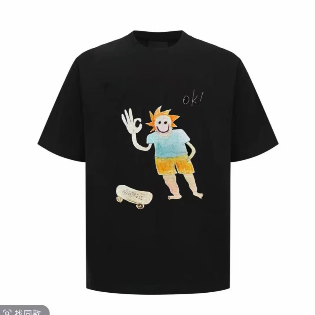 美式复古手绘涂鸦自拍短袖t恤男女纯棉宽松2025新款夏-4888