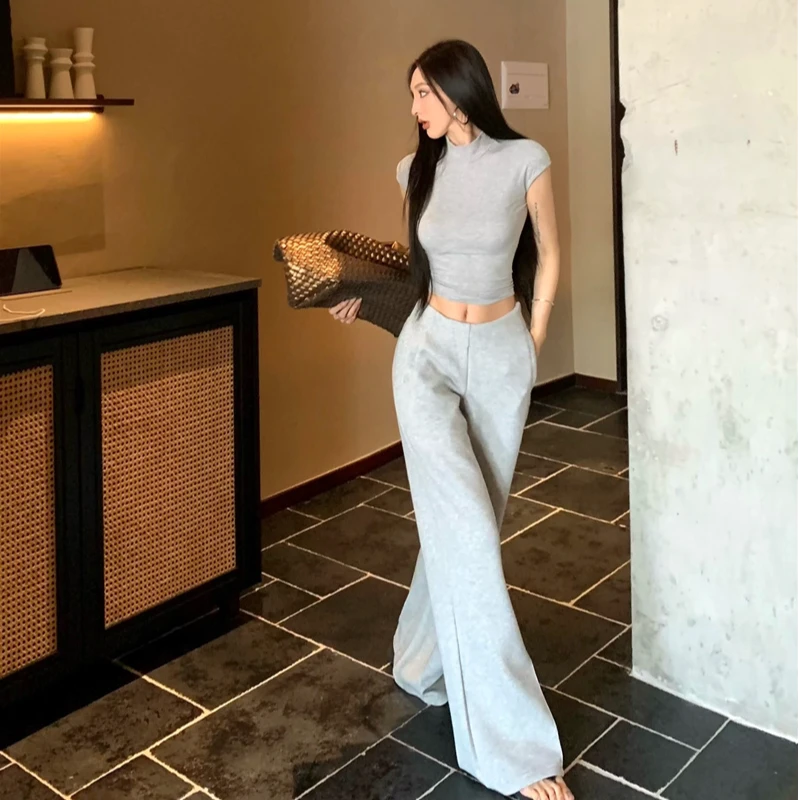 美式时尚简约半高领T恤上衣+高腰穿搭衣服直筒阔腿长裤套装#22672