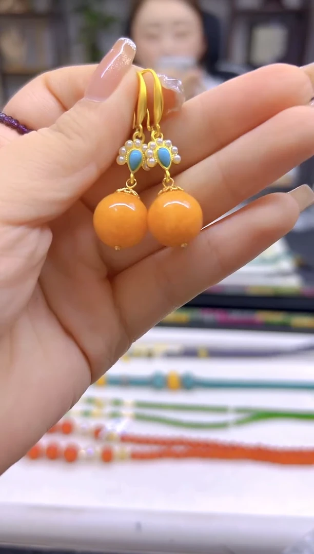 和田玉（糖玉）14K金镶嵌耳饰DIY款E476