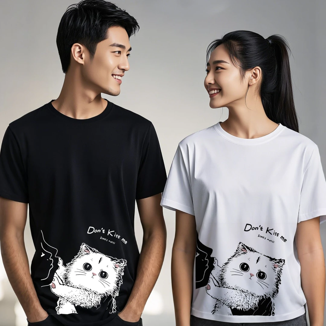 设计师2025亲吻猫T恤男女同款萌宠手绘时尚纯棉喷涂透气
