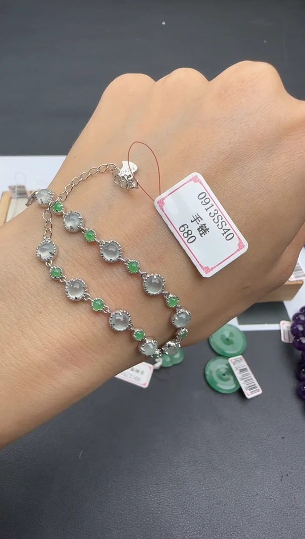 银S925镶嵌手链翡翠一**子0913SS40