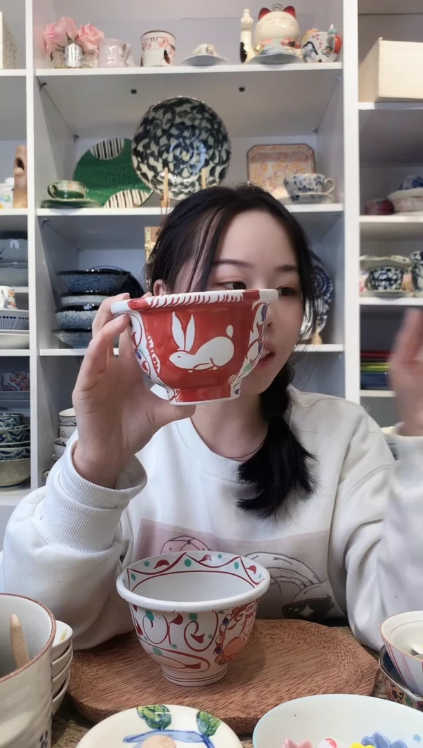 陶瓷濑户烧赤绘兔饭碗13cm