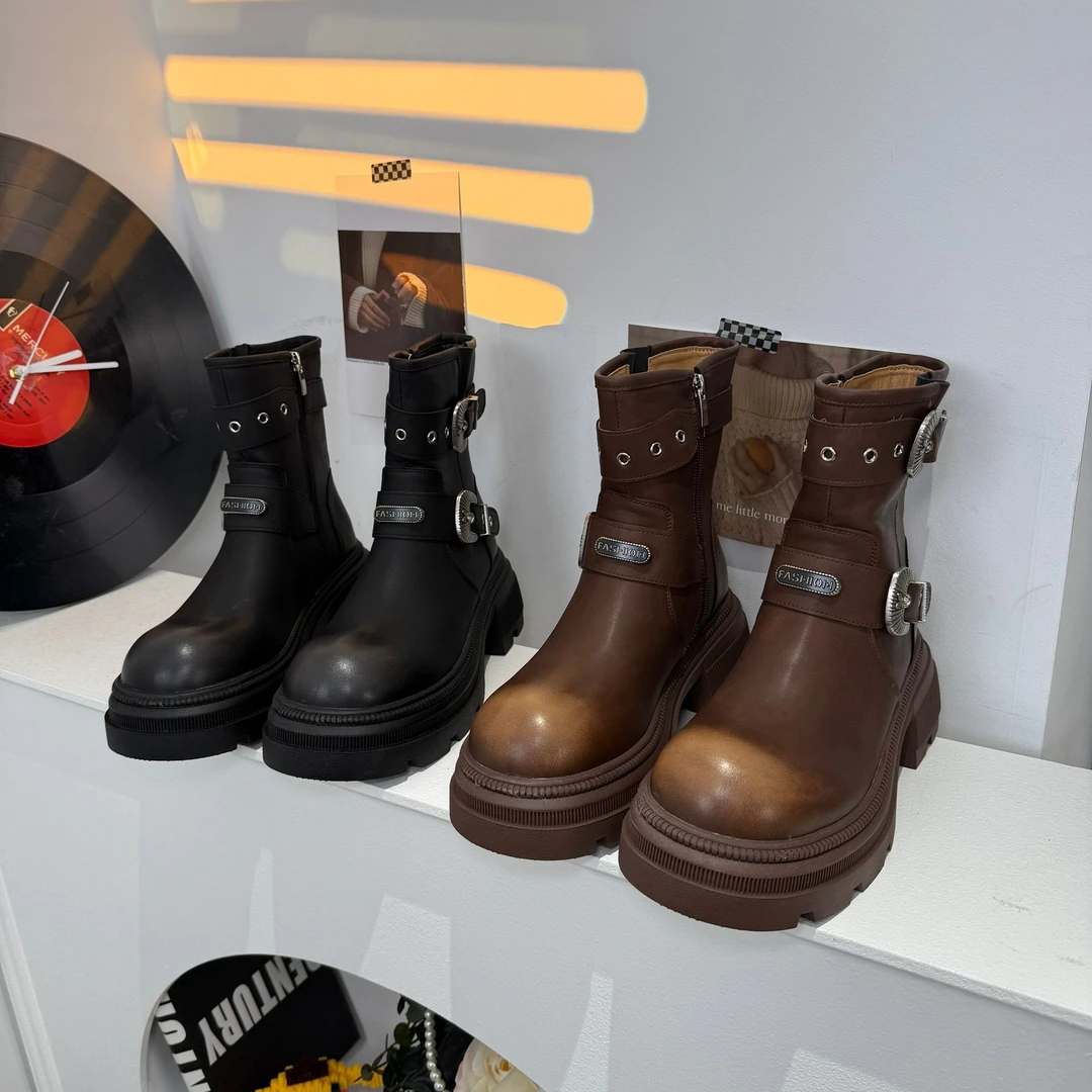 真皮靴子女短靴2025新款秋冬复古美拉德西部牛仔骑士靴中筒马丁靴