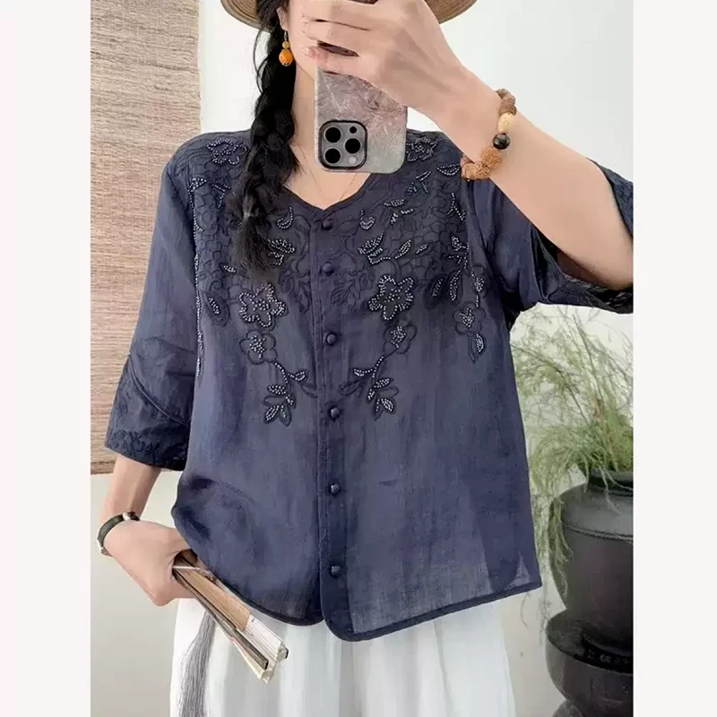 以赛亚 初夏梦境 25年DY夏日轻薄重工刺绣钉珠100%苎麻衬衫女2553