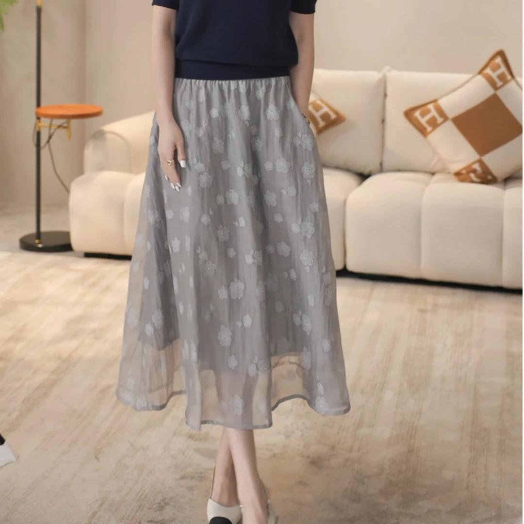 【双姐】春花浪漫烧花立体棉锦松紧腰A字摆半裙88005