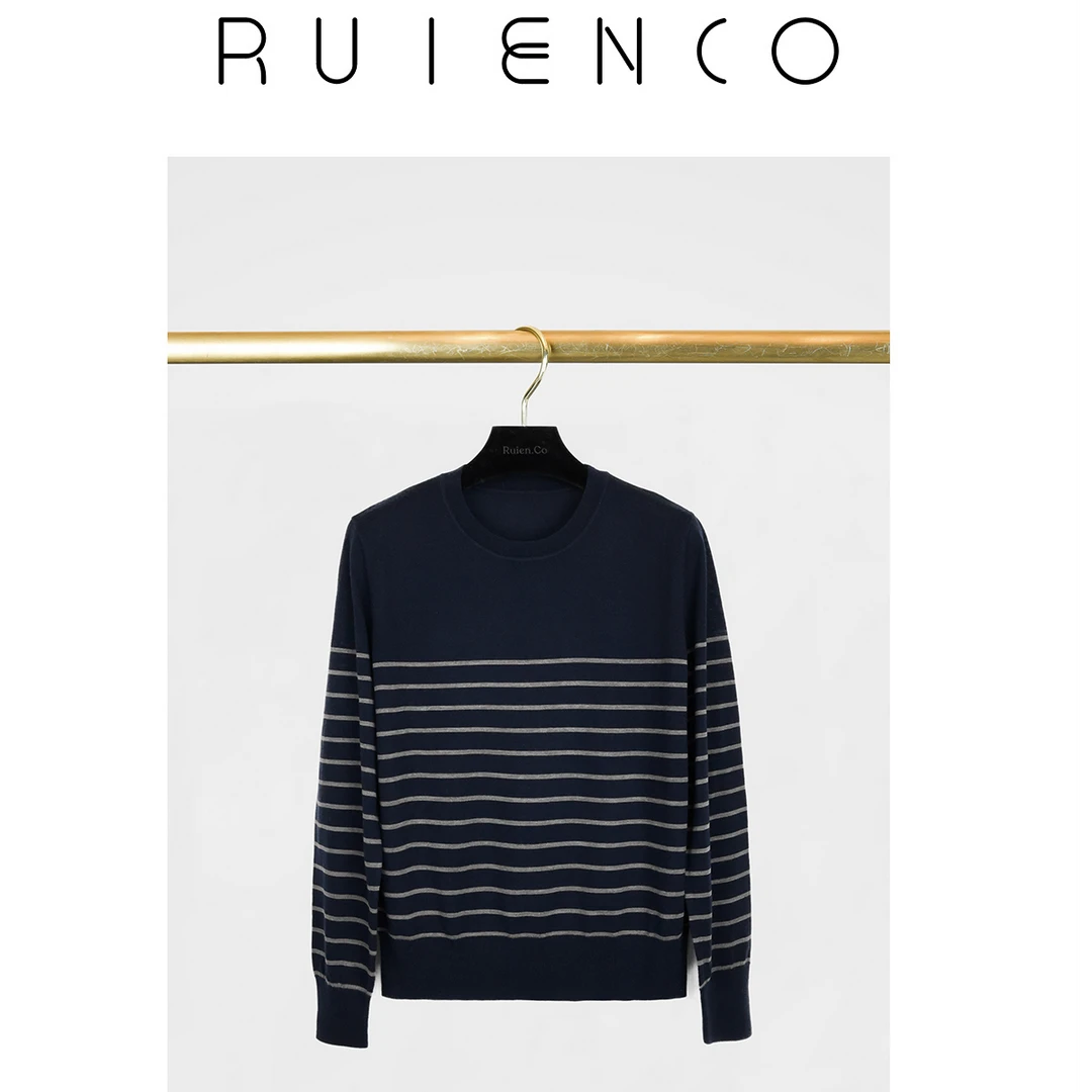 RuienCo.巴黎玛黑区 100精纺绵羊毛杨子60支纱法式秋条纹针织衫