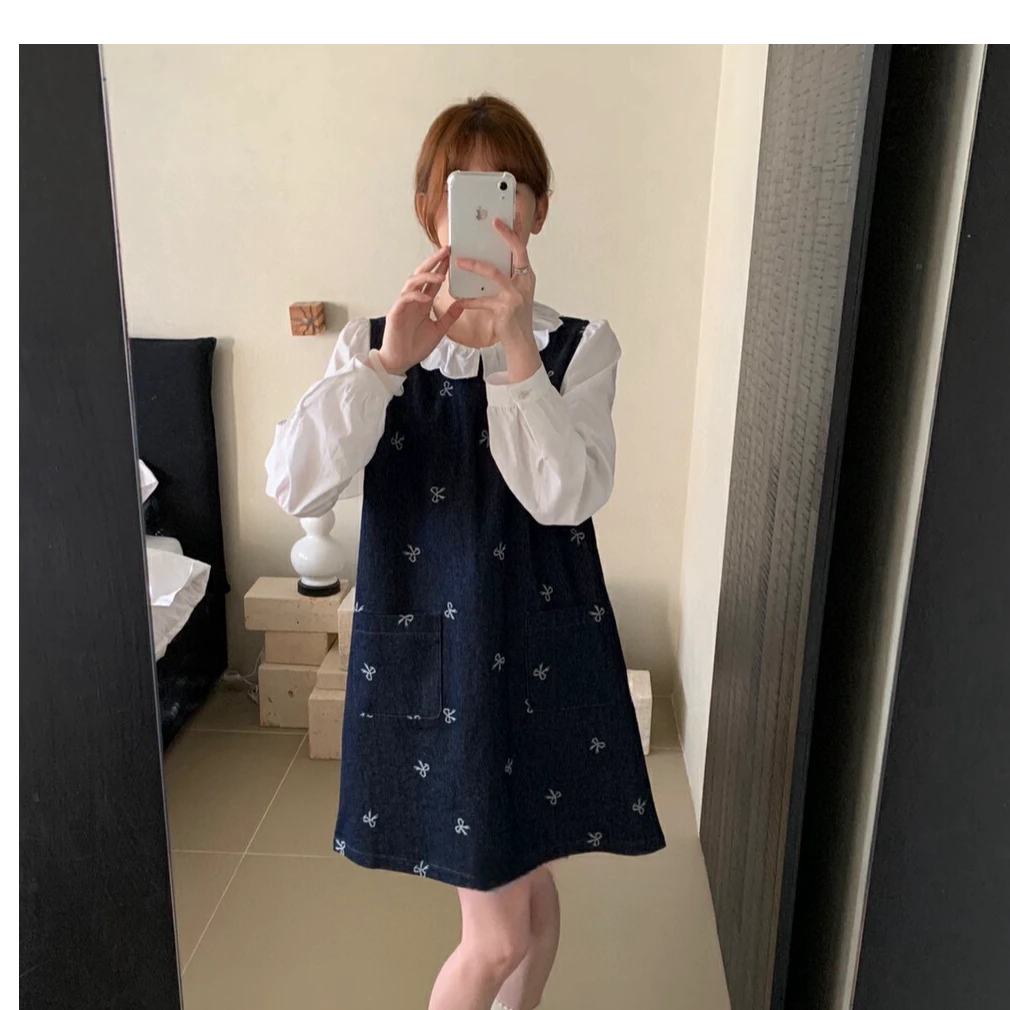 法式荷叶领刺绣衬衫上衣蝴蝶结刺绣牛仔背心裙
