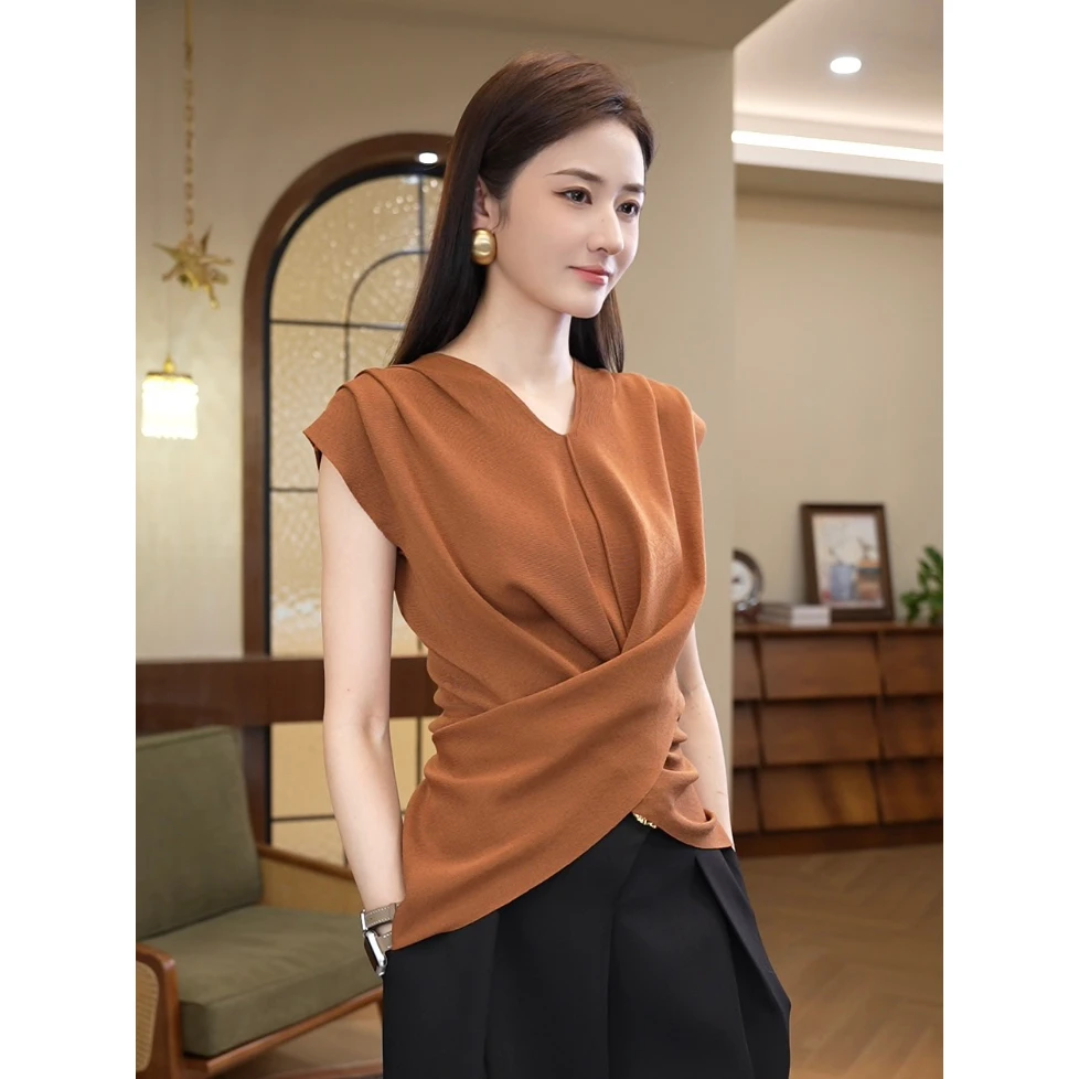 现货2025夏新【7771】薄款设计感气质显瘦南瓜色莱赛尔短袖针织小衫