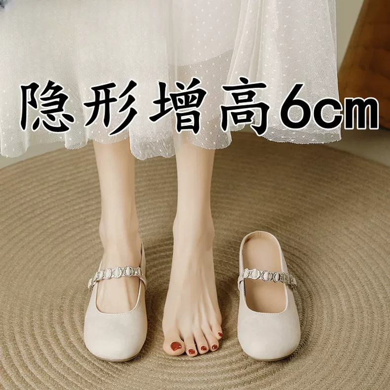 小个子内增高包头半拖鞋女夏季外穿一脚蹬粗跟穆勒凉拖玛丽珍单鞋