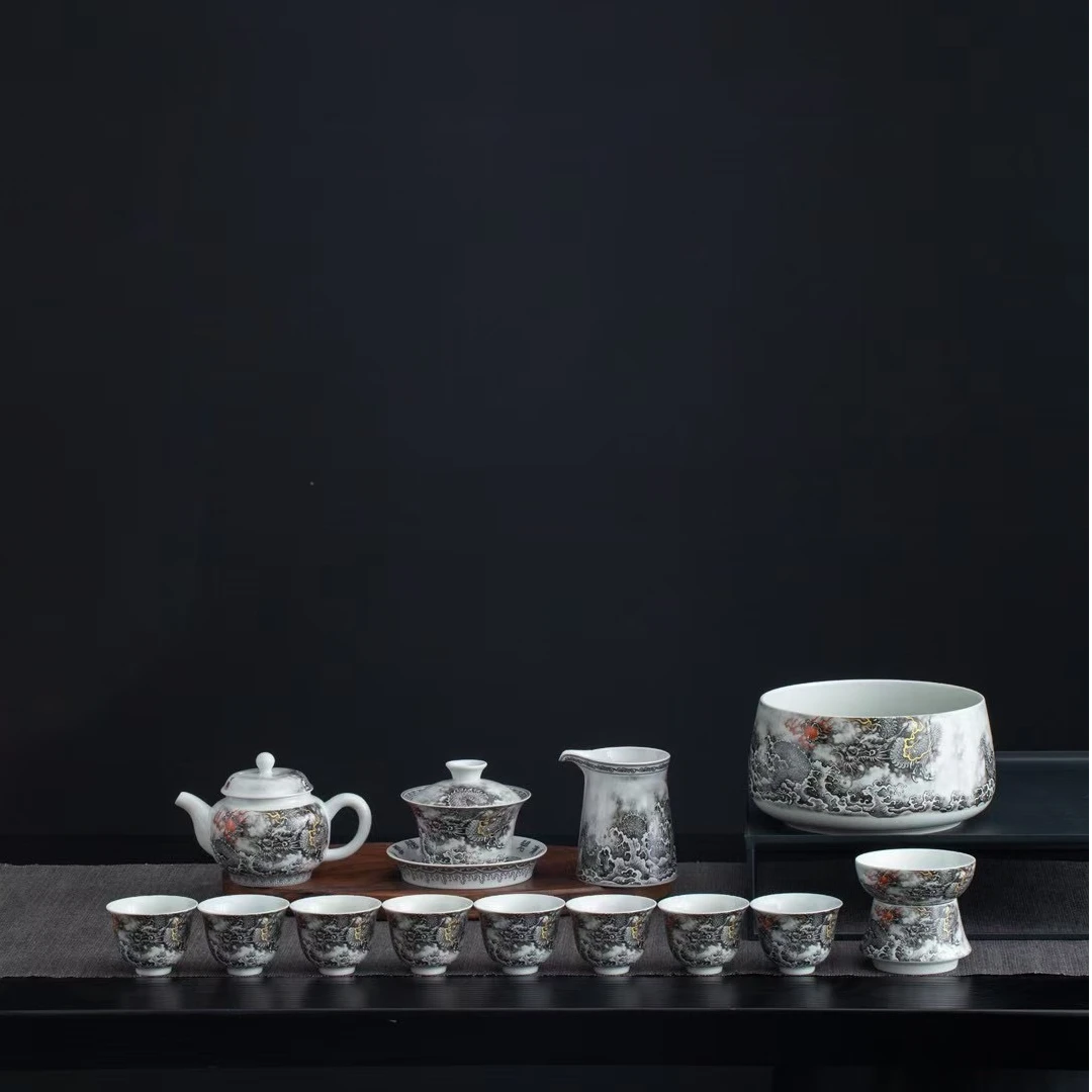 景德镇高温瓷茶具套装墨彩鱼化龙家用中式复古陶瓷盖碗茶器礼盒装