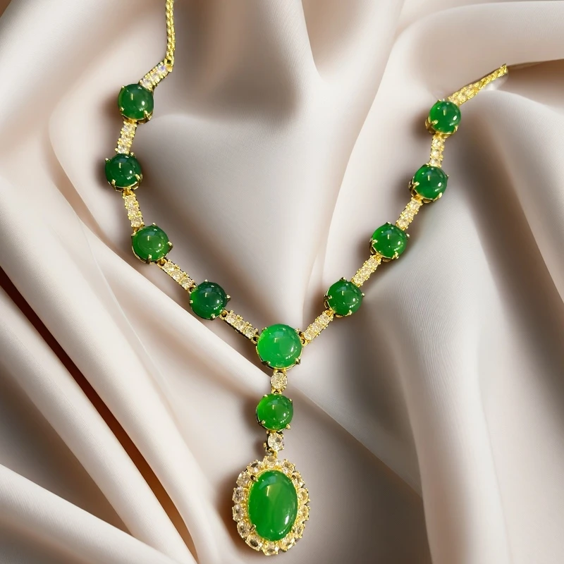 铜合金吊坠 天然满绿色豪镶冰种新中式国风项链精美轻奢女款饰品