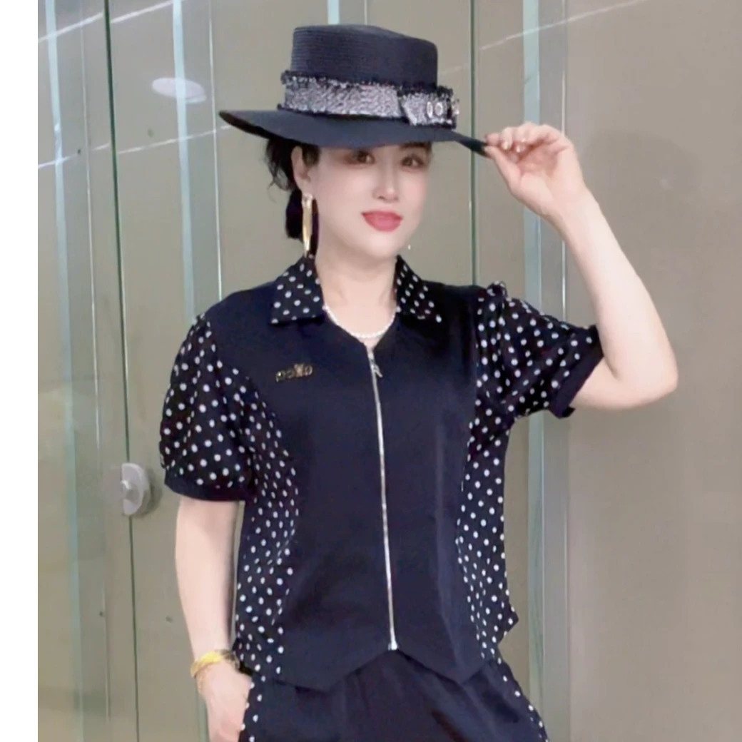 【上衣】波点夏季拉链款开衫时尚洋气韩版显瘦气质款拼接潮酷女T恤