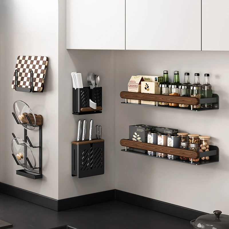 胡桃木厨房调料置物架免打孔壁挂式多层实木调料架锅盖筷勺收纳架