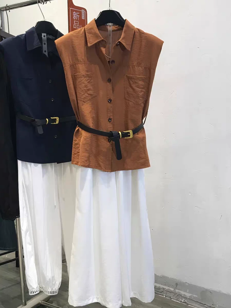 25109-韩版复古坎肩飞飞袖衬衫显瘦搭配白色阔腿裤套装女