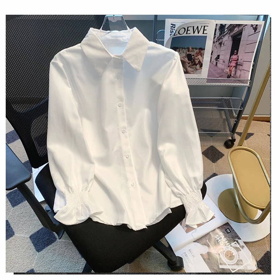 白色秋季简约长袖喇叭袖春季显瘦白衬衫韩版学院风春秋衬衫