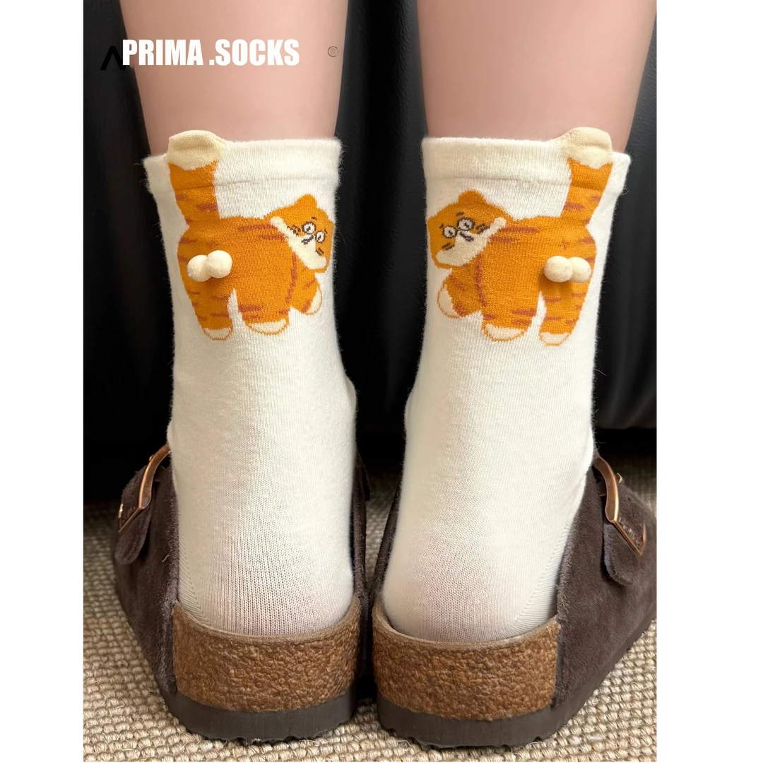 新款猫咪囧囧蛋袜子女夏季可爱薄款透气搞怪中筒袜立体小球长袜