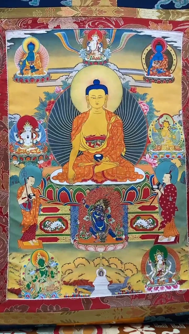 卷轴画矿物质喷绘 释迦九尊1.3m蓝色水波纹