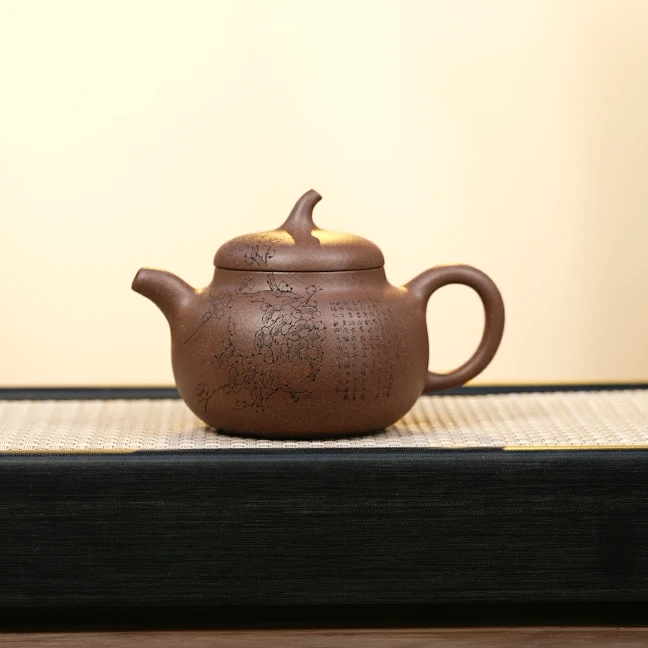 茄瓜壶 紫玉桃花泥 YST 230CC  刻绘