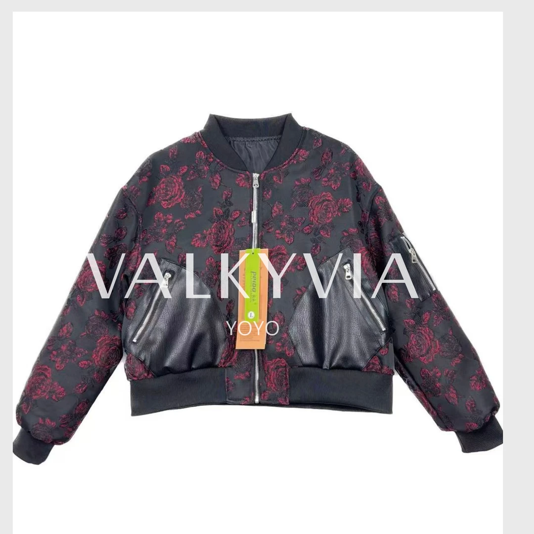 【Valkyvia/悠悠奢品】小牛皮拼接酒红山茶花刺绣夹克棒球服女Y819