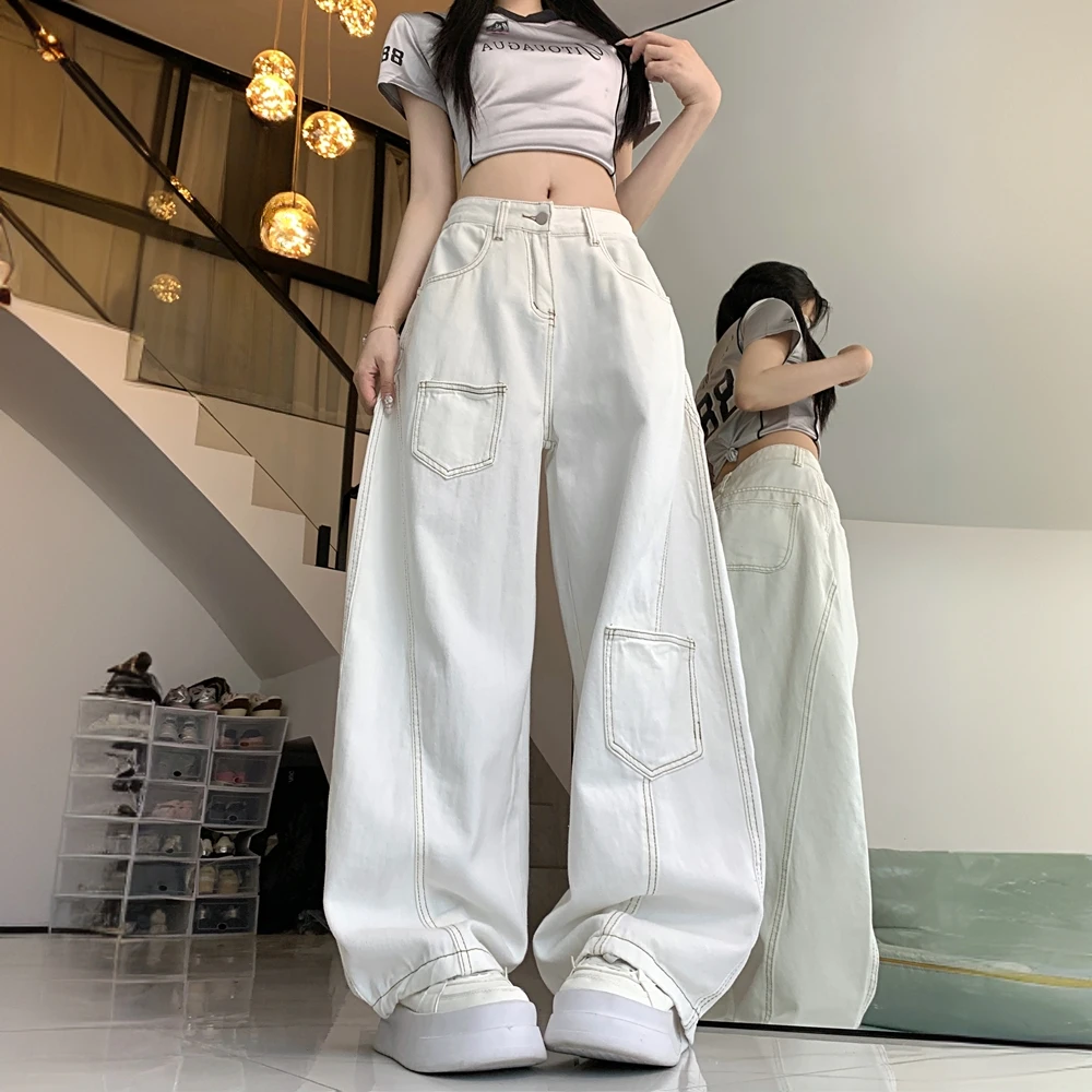 美式ins潮流设计感白色阔腿牛仔裤女2025新款宽松百搭直筒休闲裤