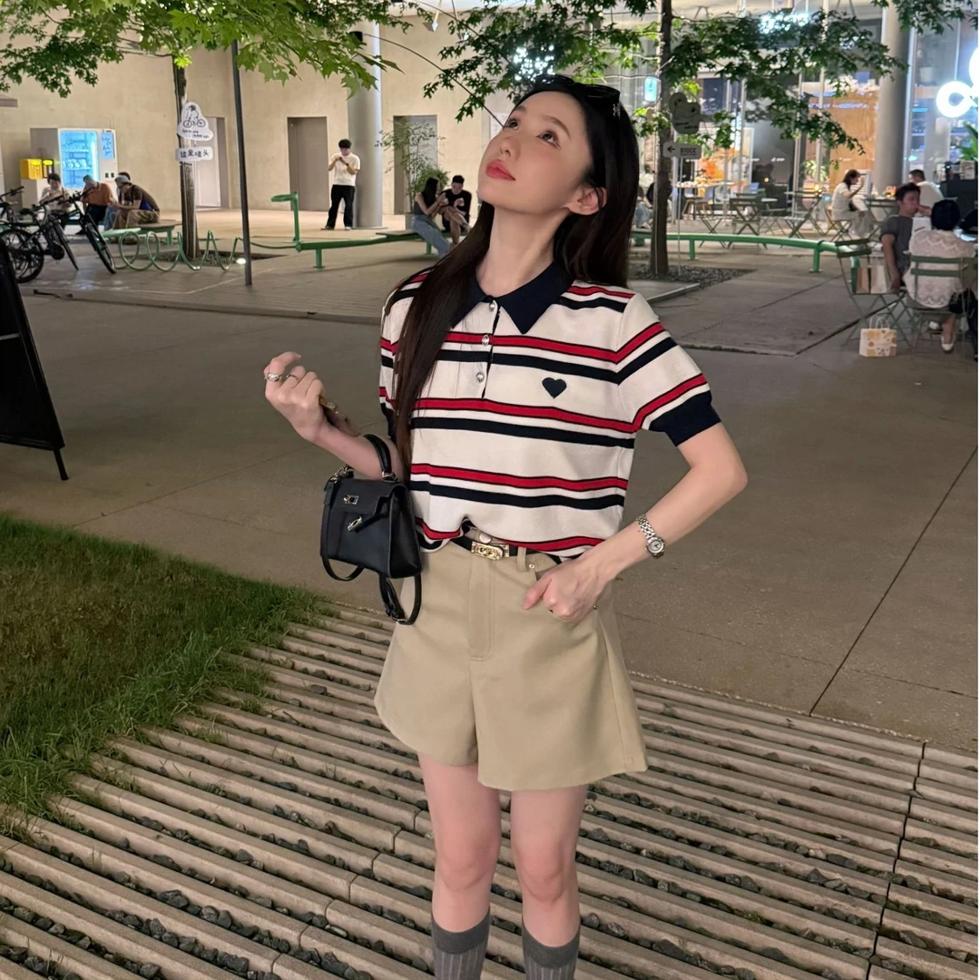 条纹POLO夏季冰丝POLO针织衫条纹学院高级小众爱心甜美学院休闲