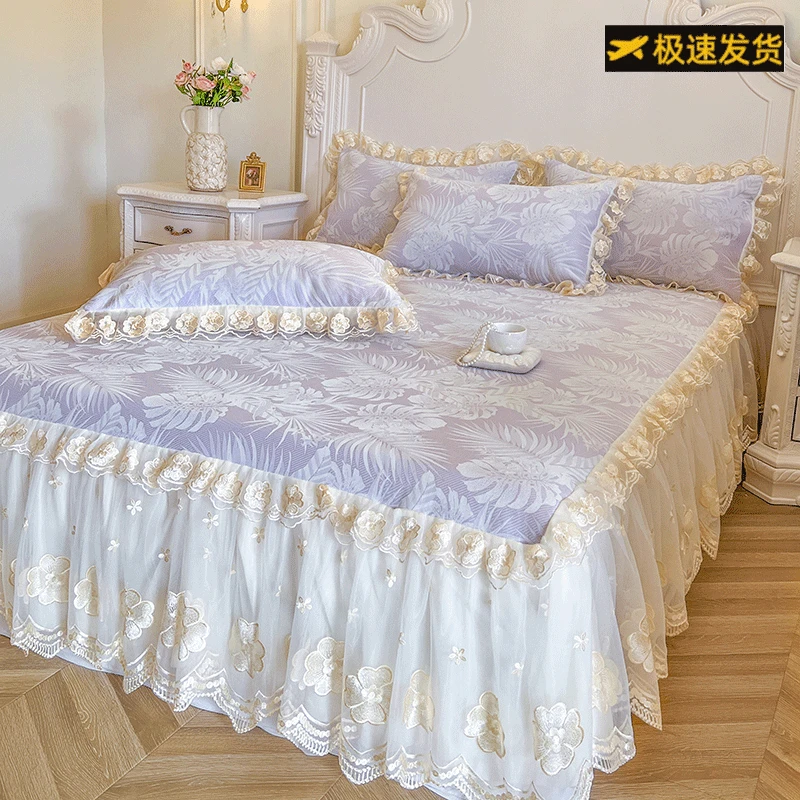 夏季床上用品空调软席2025新款提花冰丝席床裙款凉席软席子三件套