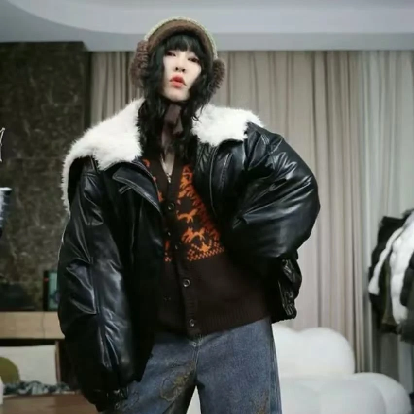 infobyfive2025冬季连帽宽松黑白天使牛角扣棒球服外套2DL2705