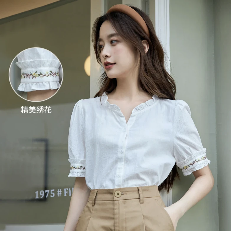 【棉】重工刺绣木耳边短袖白衬衫女夏季新款文艺绣花时尚衬衣9559