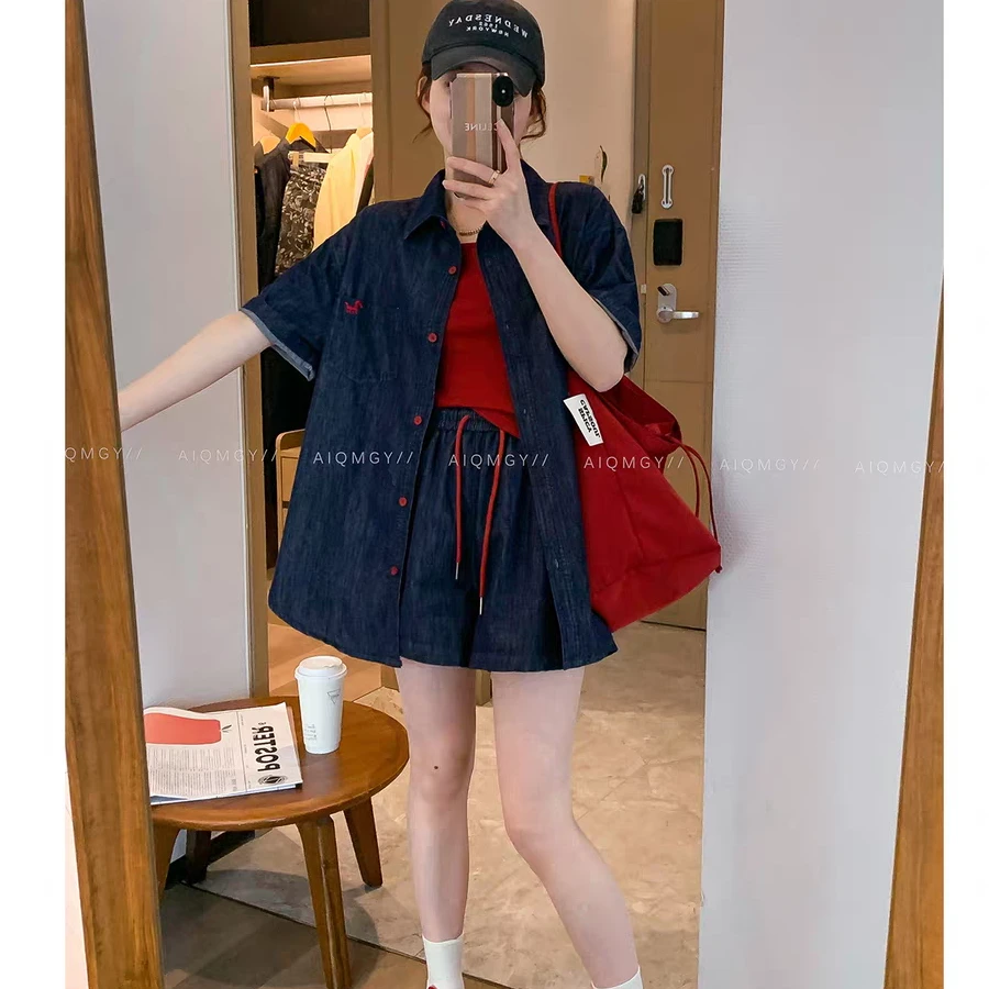 XC6065大码套装女夏季新款胖MM遮肉显瘦短袖衬衫短裤减龄三件套