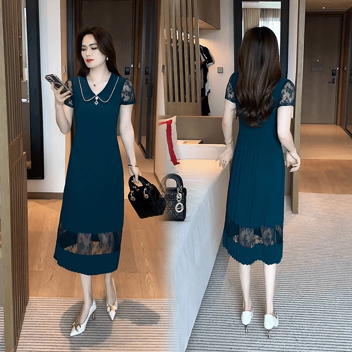 2025夏季新款百褶连衣裙女大码蕾丝拼接减龄妈妈装显瘦洋气连衣裙