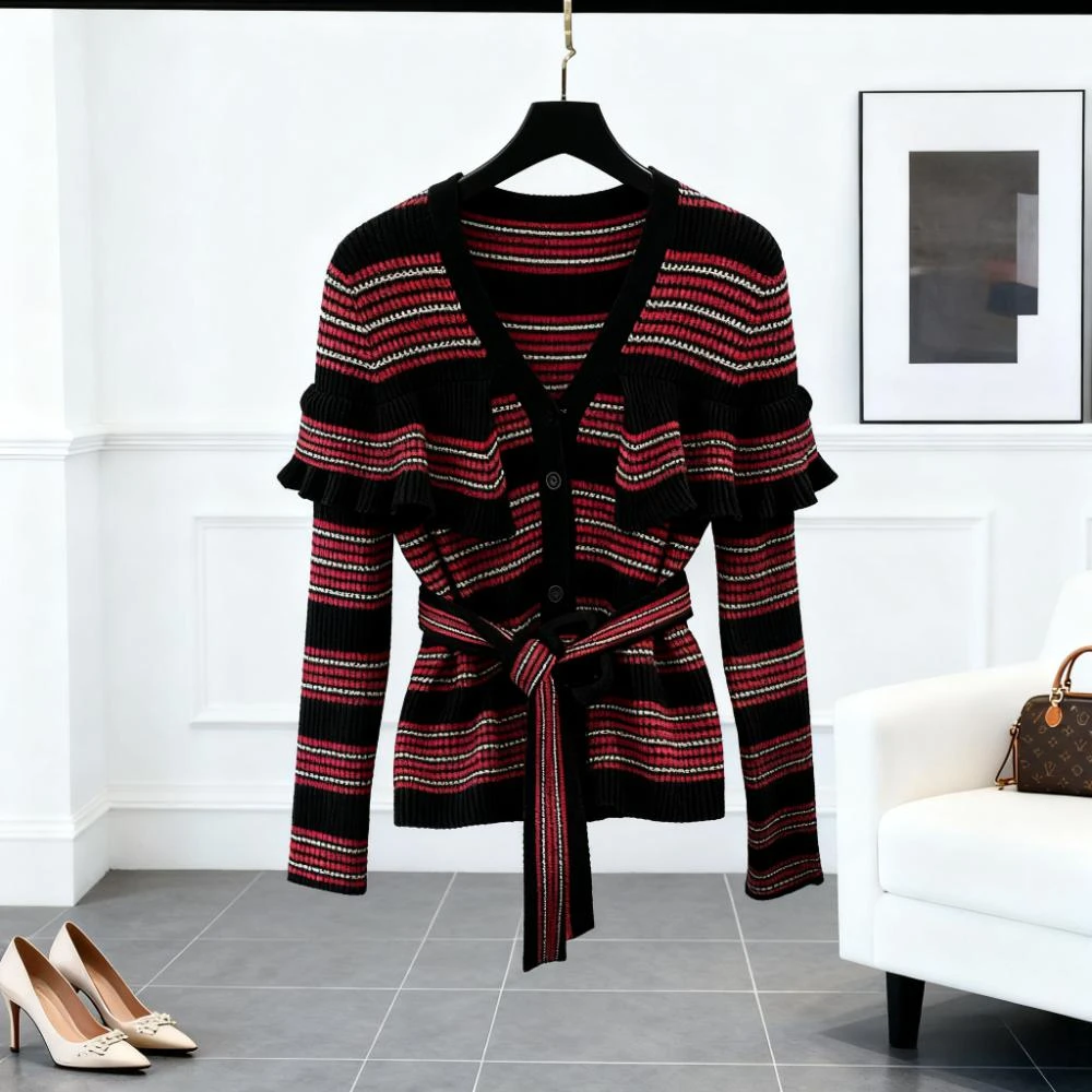 法式慵懒风复古长袖针织衫女秋季2025新款气质v领毛衣条纹上衣女