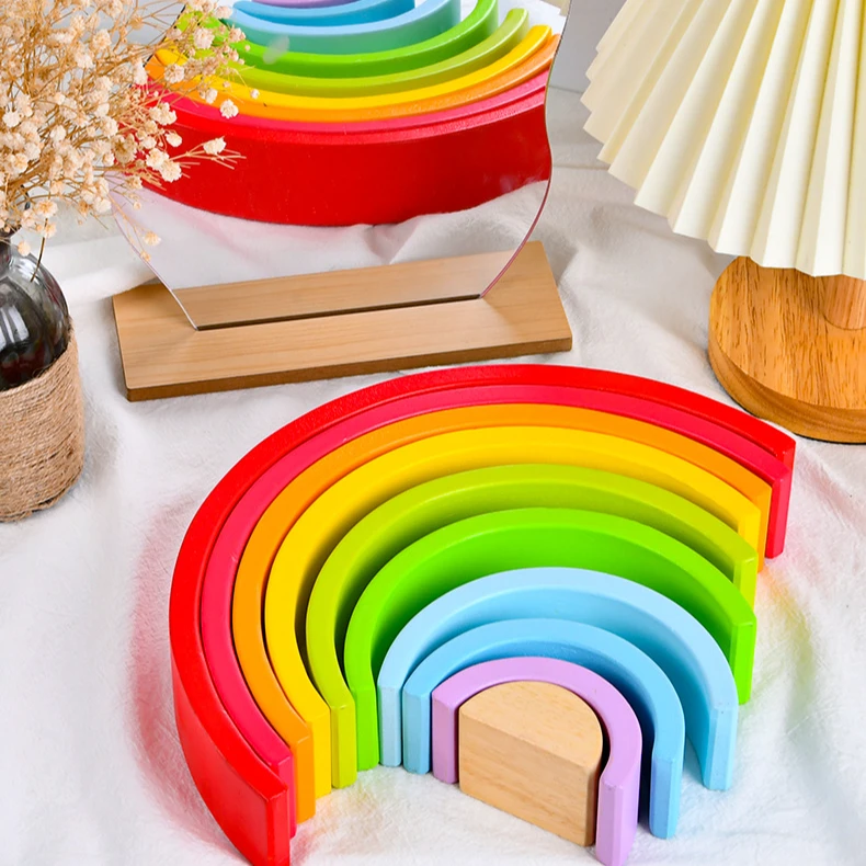 益智玩具彩色叠叠乐拼搭森林小树拱形拼装早教木制彩虹积木长条